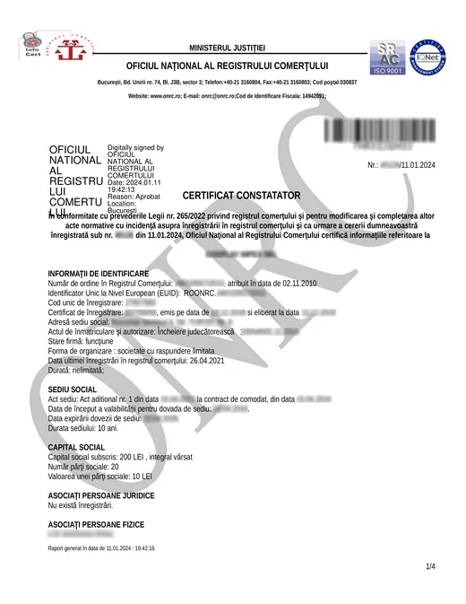 Model de certificat constatator emis de ONRC, cu date cenzurate